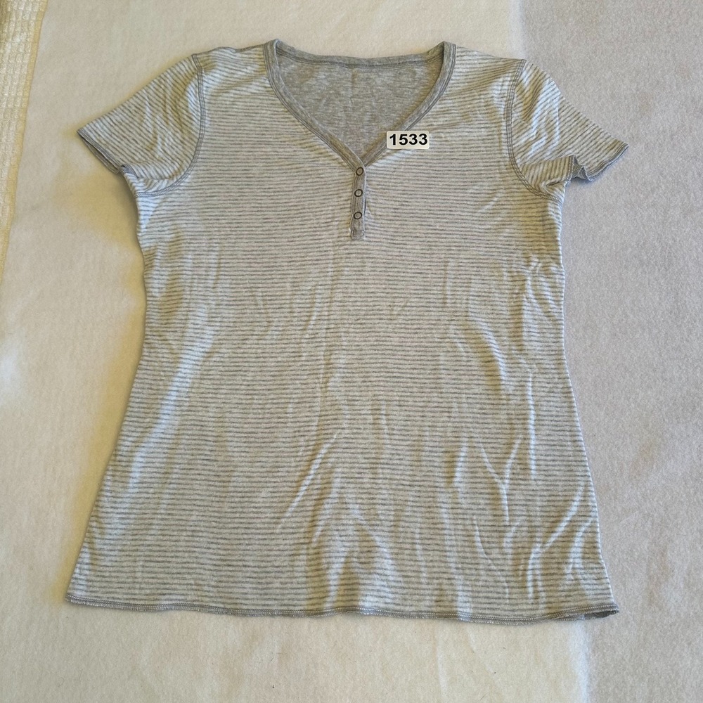 Henley Shirt Womens Gray White Striped Small S Short Sleeve V Neck Tee Top
